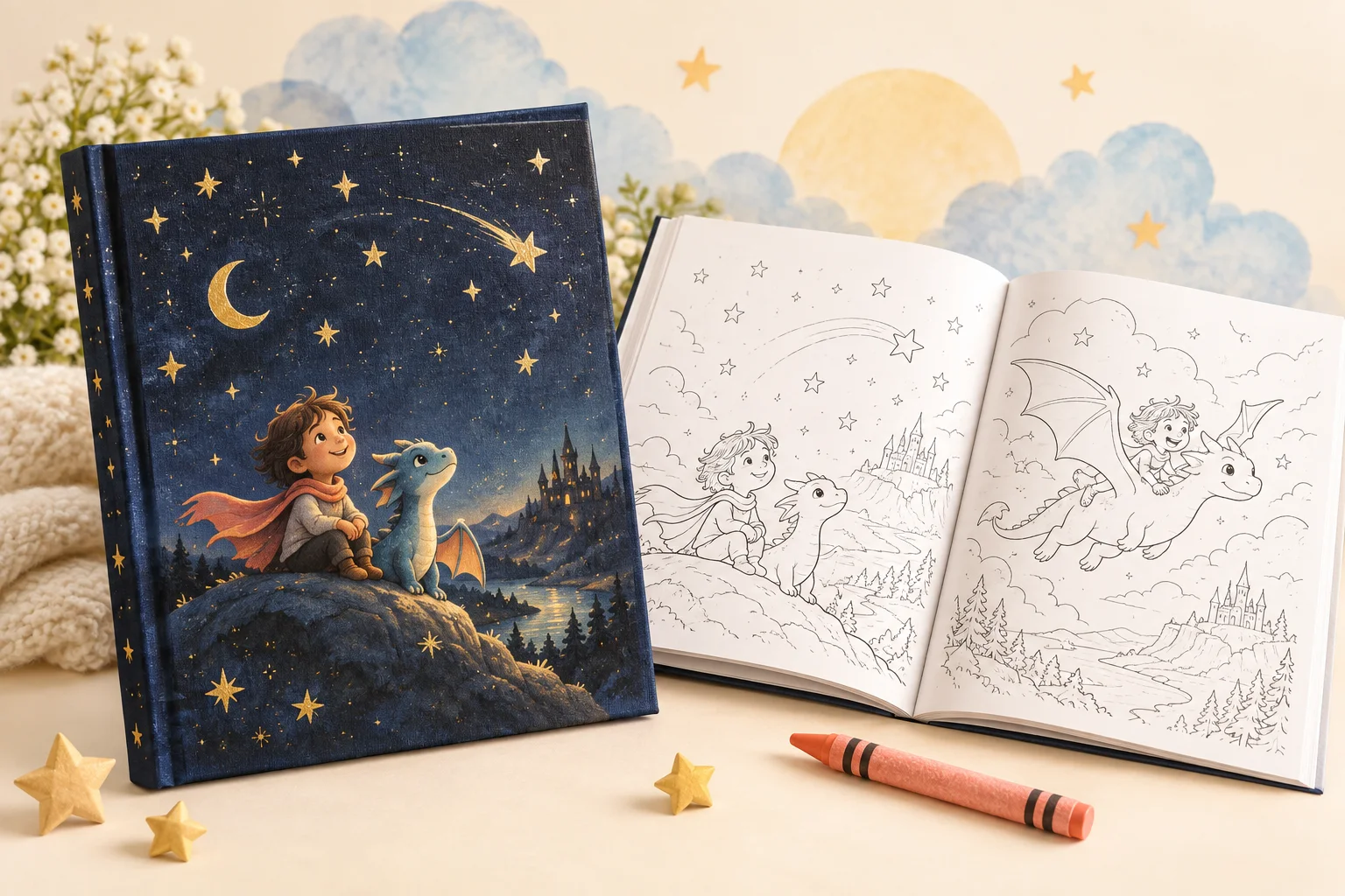 Un livre illustré relié et sa version à colorier